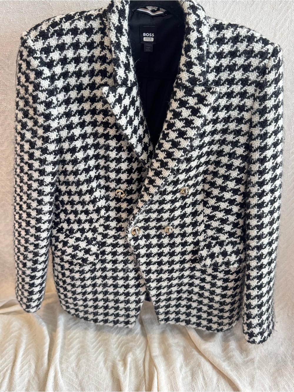 BOSS Black and White Houndstooth Double-Breasted Blazer